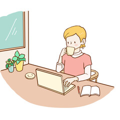 カフェでお茶しながら仕事する女性