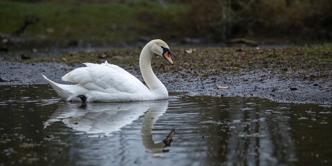 Naklejka premium Swan gracefully gliding across the water with its reflection visible.