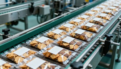 Snack Packaging on Automated Conveyor Belt in Food Factory for Distribution and Sale