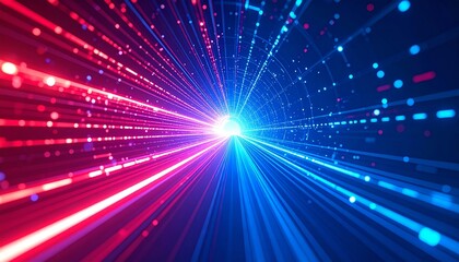High speed Digital Data Tunnel with Glowing Red and Blue Particles