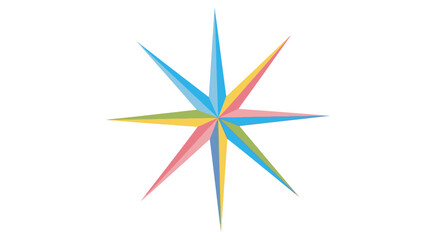 Vibrant eight-pointed starburst with colorful, radiating segments on white background.
