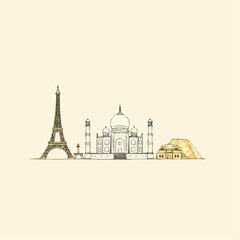 Obraz premium Line art illustration of famous landmarks: Eiffel Tower, Taj Mahal, and Pyramid on a light beige background
