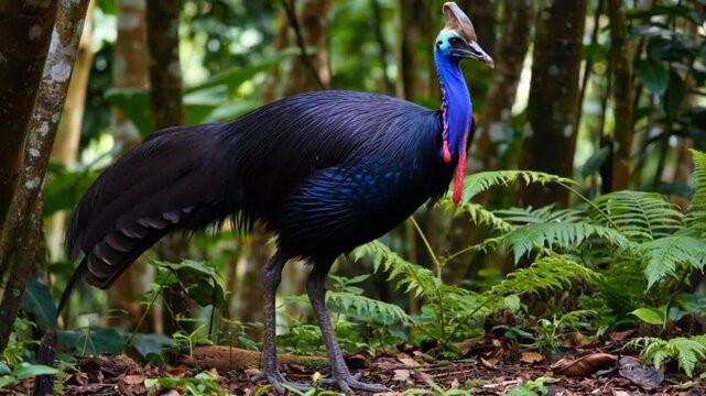 Large cassowary bird standing on forest floor in tropical habitat