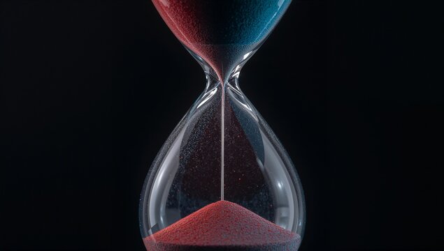 Hourglass with red and blue sand on a black background