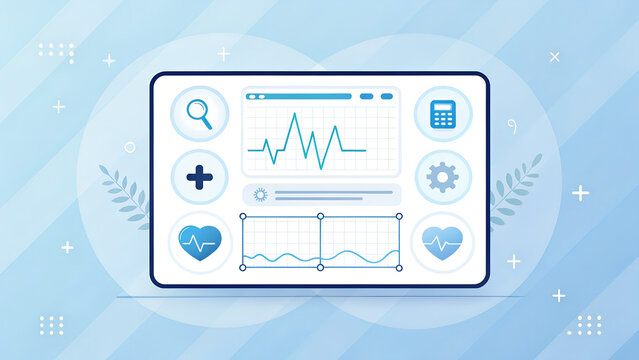Illustration of a medical interface with graphs and icons on a blue background design layout