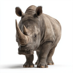 Obraz premium Rhino with thick skin texture and two prominent horns stands facing forward on white background showing detailed wrinkles and rough surface of its body