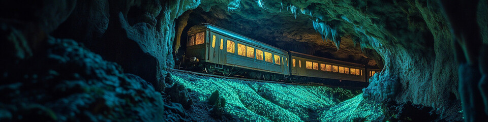 Low-angle shot of a train inside a cavern with bioluminescent moss