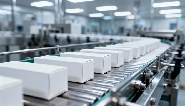 Pharmaceutical Packaging Line: Streamlined Manufacturing of Cardboard Boxes on Conveyor Belt in a Sterile Environment - Powered by Adobe