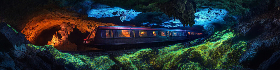 Low-angle shot of a train inside a cavern with bioluminescent moss
