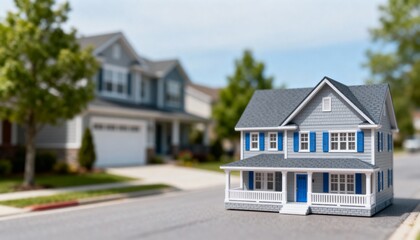Obraz premium Miniature House Model on Street Representing Real Estate, Home Ownership, and Investment Opportunities