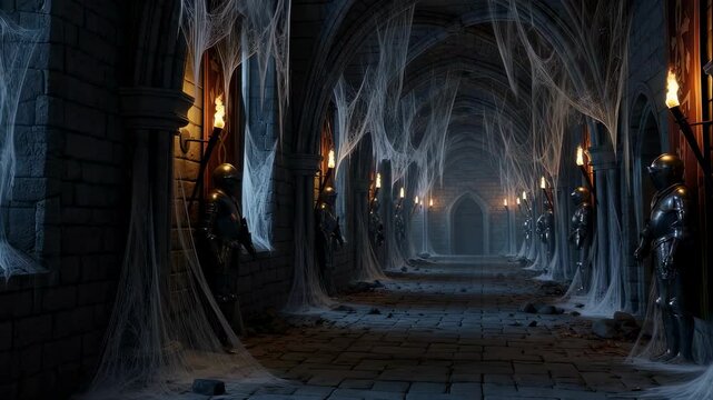 Mysterious haunted castle corridor covered with spiderwebs, torch lit dungeon with armor statues, Halloween horror footage.