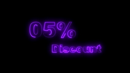 Purple neon 5 percent discount text on a black background sale offer