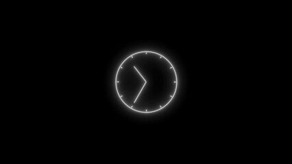 White neon clock face with hands on a black background time
