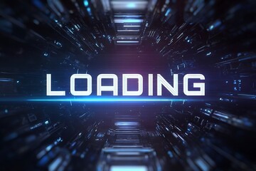 Immersive digital tunnel with 'LOADING' text glowing, symbolizing data transfer and technological advancement