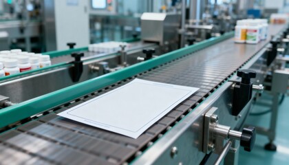 Naklejka premium Pharmaceutical Manufacturing: Bottles on Automated Conveyor Belt in a Modern Factory, Industrial Automation and Production