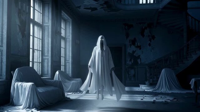 Female ghost apparition hovering in eerie abandoned mansion for Halloween horror scene footage.