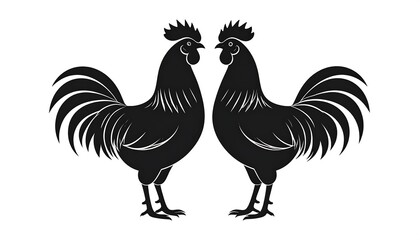 Fototapeta premium Two black rooster silhouettes face each other in profile, showcasing detailed plumage and stance.
