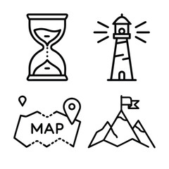 Four minimalist line art icons depicting an hourglass, lighthouse, map with pins, and a mountain peak with a flag.