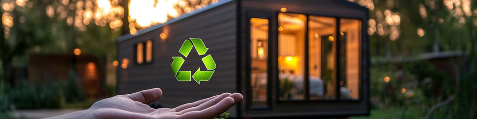 Modern eco-friendly tiny house with green energy symbol in hand