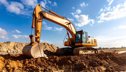 Obraz premium A heavy yellow excavator digging dirt on a construction site