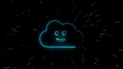 Glowing blue neon happy cloud icon with light streaks on black background graphic design