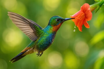 Colorful hummingbird flying and drinking nectar from orange flower