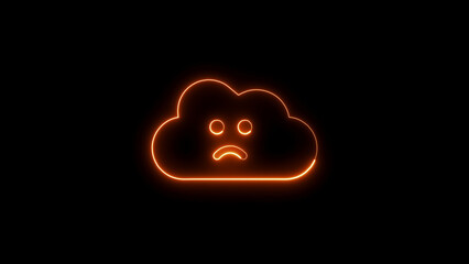 Orange neon cloud with sad face on black background glowing outline
