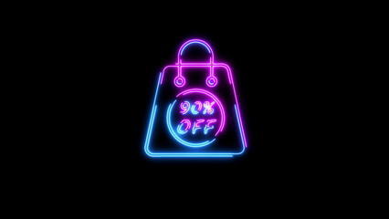 Neon shopping bag with 90 percent off discount sign in pink and blue sale