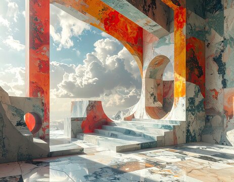 Abstract Digital Fractal Landscape with Glowing Orange and Red Structures