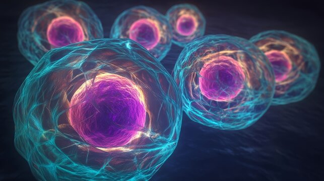 Vibrant glowing spheres with intricate textured surfaces in blue, purple, pink, and orange,