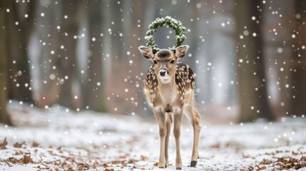 Young Fawn Wearing Christmas Wreath Standing in Snowy Forest During Snowfall