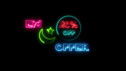 Neon Eid Offer 20 Percent Off Crescent Moon Star And Text On Black Background sign