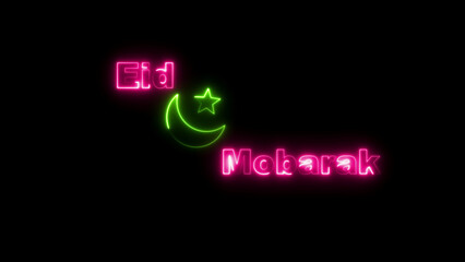 Pink and Green Neon Eid Mubarak Text and Crescent Moon Star Symbol on Black Background islam muslim