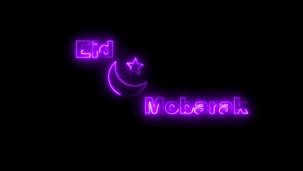 Purple Neon Eid Mubarak Text and Crescent Moon Star Symbol on Black Background islam muslim