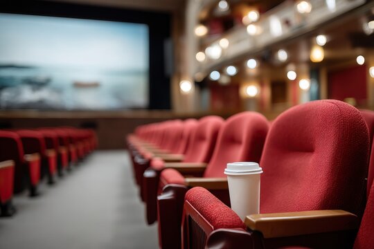Empty theater with red seats and a cup of coffee - Powered by Adobe