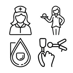 A collection of four black and white line art icons depicting a nurse, a medical professional serving something, a blood drop, and a medical instrument.