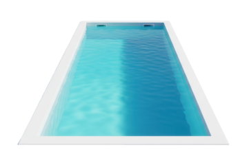 A sleek, rectangular in-ground swimming pool with light blue water is on a clean white surface. The pool is a water recreation facility.
