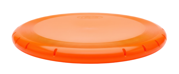 A vibrant orange frisbee with a textured rim is on a clean white surface. The flying disc is a piece of sports equipment. Isolated transparent background ( cut-out PNG file ).