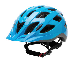 A sleek, blue bicycle helmet with a sun visor and air vents is on a clean white surface. The helmet is a piece of safety gear.