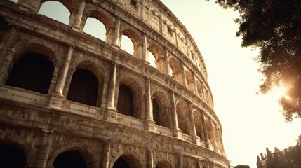 Obraz premium Iconic Colosseum: Ancient Roman Amphitheater with Majestic Arches and Warm Sunlight, Representing History, Architecture, and Travel Destinations