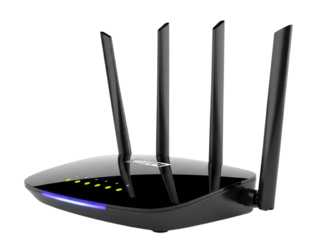 A glossy black Wi-Fi router with four large antennas and several green indicator lights is on a clean white surface. Isolated transparent background ( cut-out PNG file ).