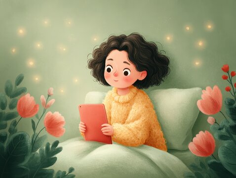 Cartoon girl with curly hair using tablet in bed surrounded by flowers and fireflies showing peaceful online interaction at night - Powered by Adobe