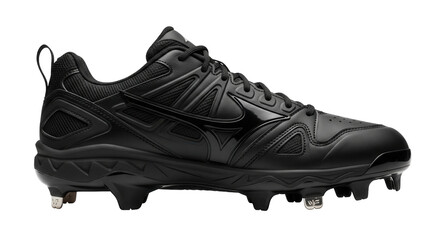 A pair of matte black baseball cleats with a glossy logo and metal spikes on the soles is on a clean white surface.Isolated transparent background ( cut-out PNG file ).