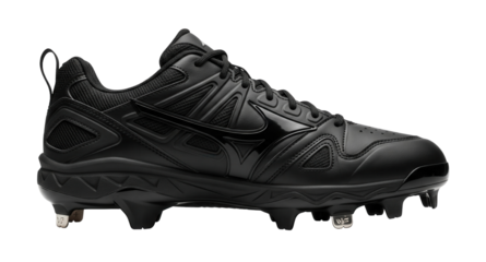 A pair of matte black baseball cleats with a glossy logo and metal spikes on the soles is on a clean white surface.Isolated transparent background ( cut-out PNG file ).