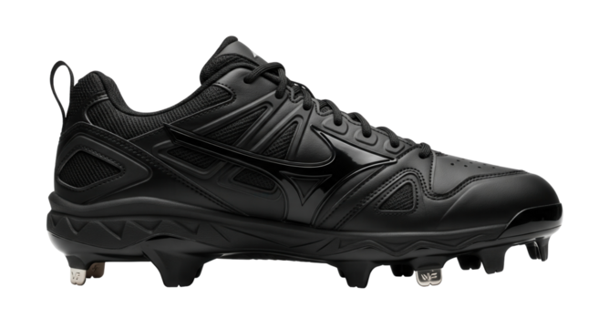 A pair of matte black baseball cleats with a glossy logo and metal spikes on the soles is on a clean white surface.Isolated transparent background ( cut-out PNG file ).