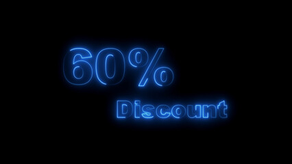 Sixty Percent Discount Neon Sign Glowing Blue on Black Background 60 percent sale