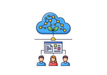 Illustration of cloud computing network with data and people isolated on transparent background