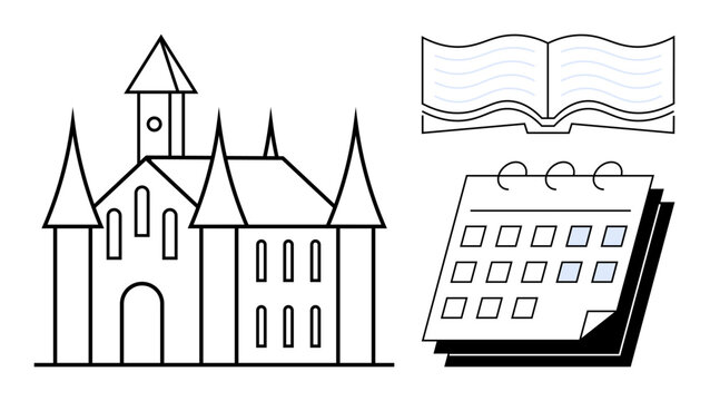 Gothic castle with pointed towers, open book with pages, and a desk calendar. Ideal for heritage, education, history, storytelling, planning time and scheduling. Simple flat metaphor