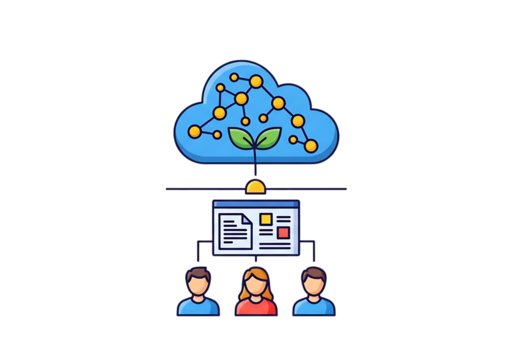 Illustration of cloud computing network with data and people isolated on transparent background