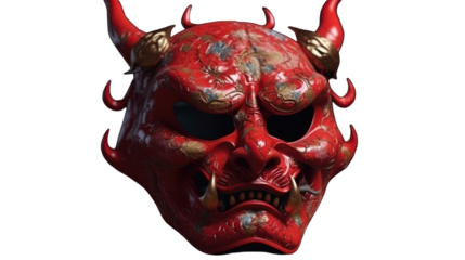 Close-up of a stylized Japanese demon mask